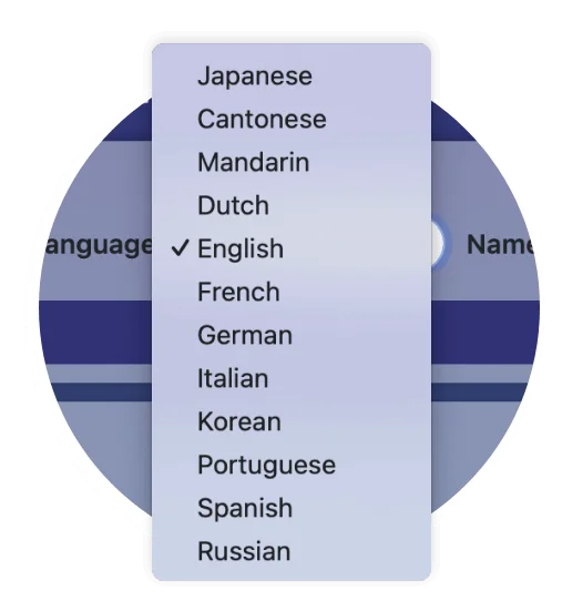 Dropdown menu displaying various language options including 'Japanese', 'English', 'German', and others.