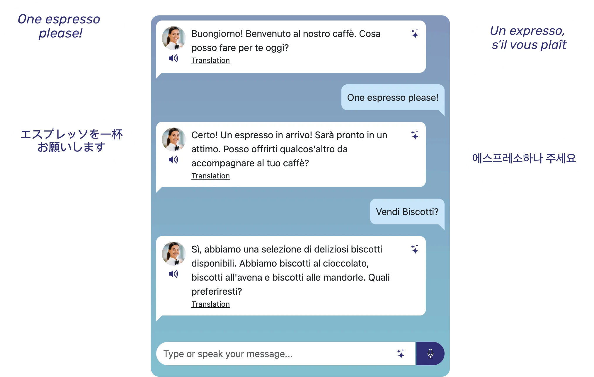 Interactive language practice chat interface showcasing conversations in Italian, Japanese, French, and Korean.